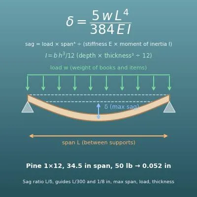 Shelf Sag and Load Calculator (Deflection from Material, Thickness, Span and Load; Maximum Span, Load and Thickness)