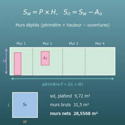 Calcul de la surface des murs, du plafond et du sol d’une pièce (ouvertures, périmètre et volume)