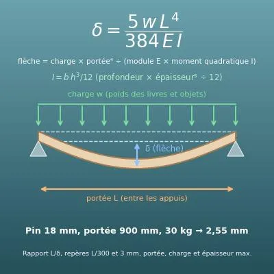 Flèche d’une étagère et charge admissible (portée, charge ou épaisseur maximales selon le matériau)