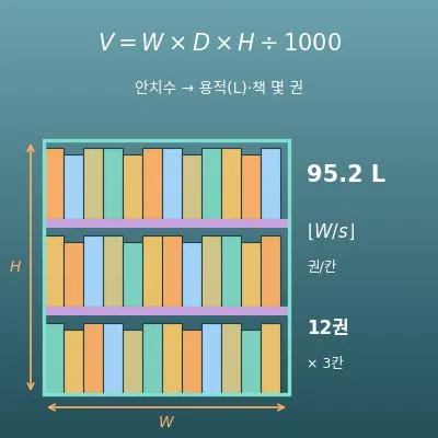 수납장·선반 용량 계산기(용적 L·책 몇 권·박스 몇 개 들어가는지)