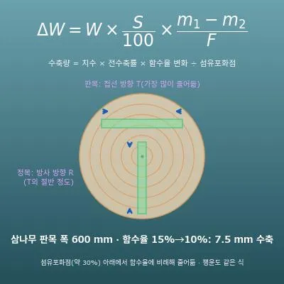 목재 수축량 계산기(함수율 변화로 수축량·팽윤량·연간 신축 구하기)